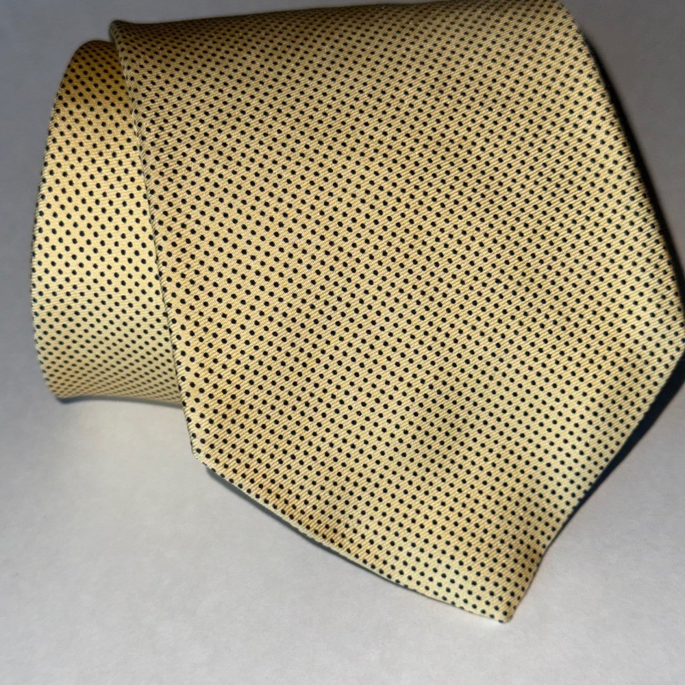 Brooks Brothers Makers Mens Yellow Navy Blue Micro Dot Pure Silk Tie Italy USA